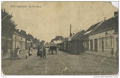 Wijnegem  :  De steenweg  (  TRAM )  (  état - staat kaart  :  rechtse hoek boven -- scheurtje midden boven)  stoom tram