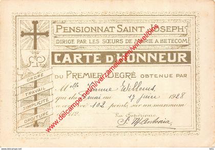 Pensionnat Saint Joseph - carte d'Honneur - Betekom Begijnendijk