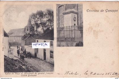 Ways: eglise et monument  ( see scan )  environs de Genappe --   (  1905 avec timbre )