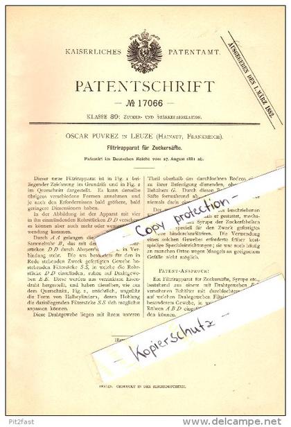 Original Patent - Oscar Puvrez à Leuze-en-Hainaut , 1881 , Appareil de filtration pour le jus de sucre !!!