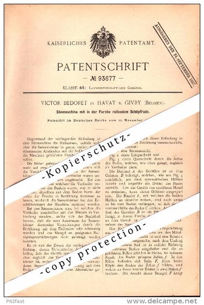 Original Patent - Victor Bedoret in Havay b. Givry , Quévy , 1896 , Säemaschine für Landwirtschaft , Agrar !!!