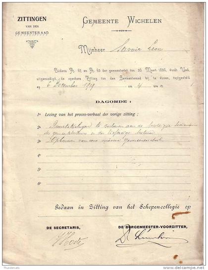 ZELDZAAM !!! GEMEENTE WICHELEN GEMEENTERAAD OUDE BRIEF VAN BURGEMEESTER AAN DOKTER GOUVERNEUR LEON SAVOIR 1919