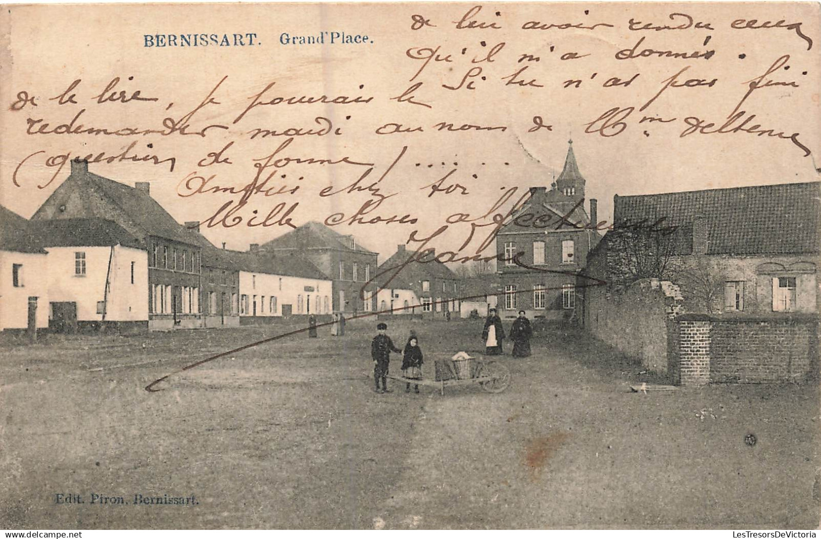 BELGIQUE - Bernissart - Grand'Place - tour - enfant - animé - oblit étoilée 1912 - Carte postale ancienne