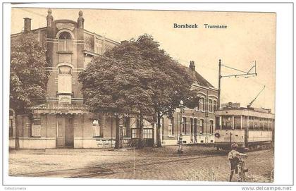 3 poskaarten BORSBEEK : lange Smisbergstraat volk , Akkerdonckstraat , Tramstatie met tram ( boerentram naar BROECHEM )
