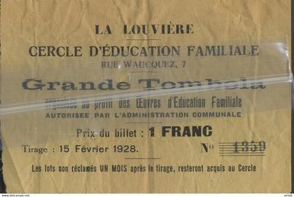 La Louvière:  grande tombola : cercle d'éducation familiale   1928