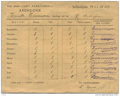 Arendonk :  Sint Agnetendal ( schoolrapport 1943-1944 )  formaat  18 x 14 Cm -- 2 scans