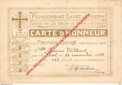 Pensionnat Saint Joseph - carte d'Honneur - Betekom Begijnendijk