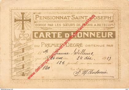 Pensionnat Saint Joseph - carte d'Honneur - Betekom Begijnendijk