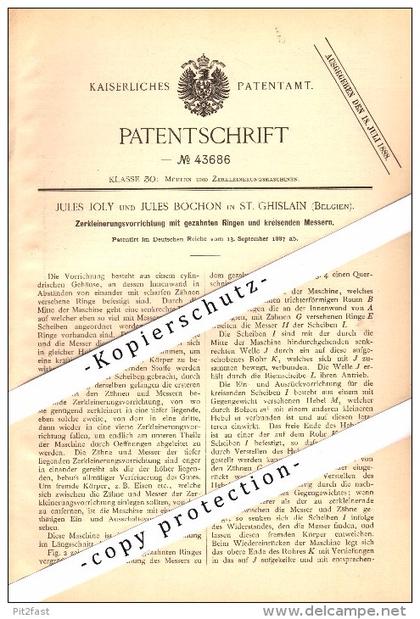 Original Patent - Jules Joly und J. Bochon in Saint-Ghislain , 1887 , Zerkleinerungsapparat , Maschine !!!