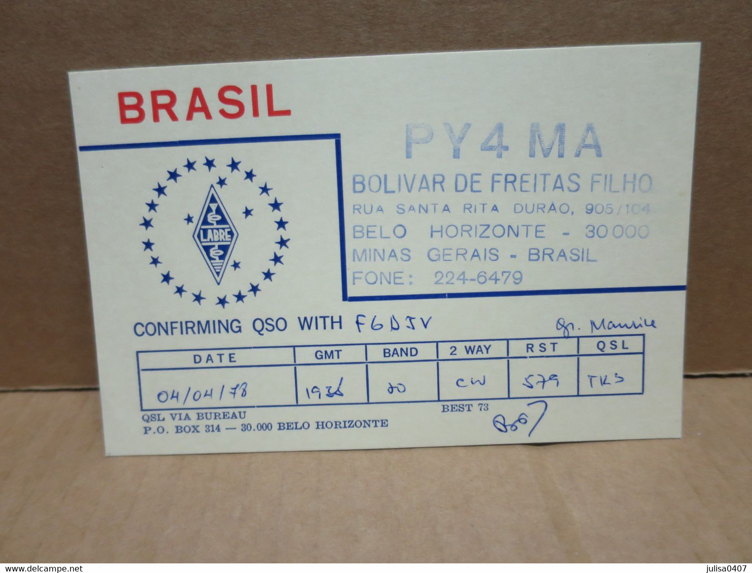 BELO HORIZONTE (Brésil) carte radio amateur