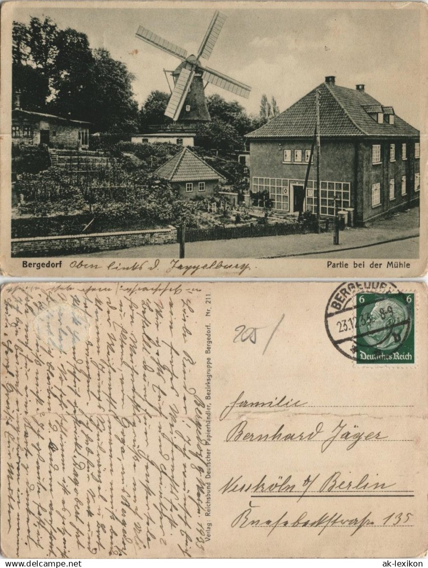 Bergedorf-Hamburg Straßen Partie  Mühle 1933   gelaufen mit Stempel BERGEDORF