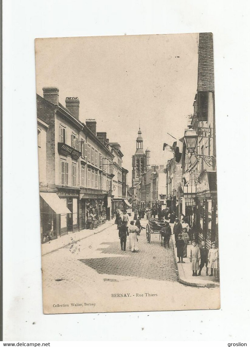 BERNAY RUE THIERS  (EGLISE COMMERCES ET ANIMATION)  1905