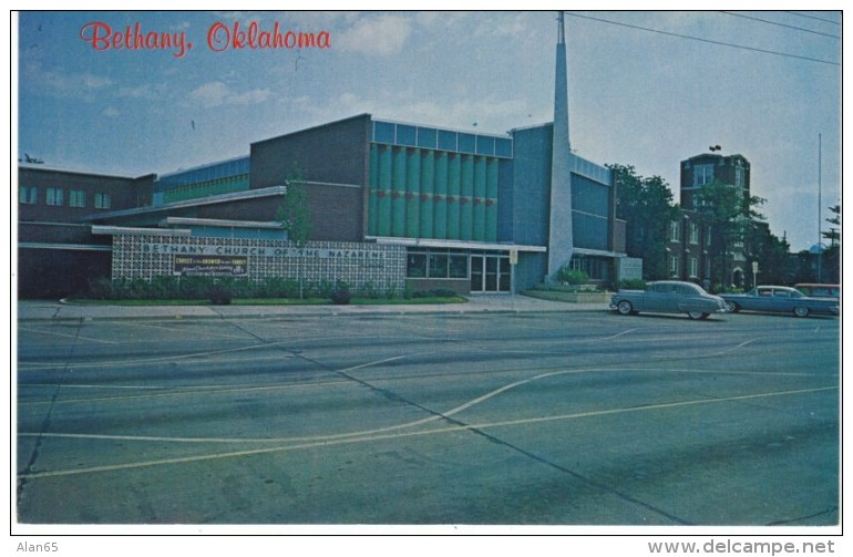 Bethany OK Oklahoma, Nazarene Church &amp; College, Auto c1950s Vintage Postcard