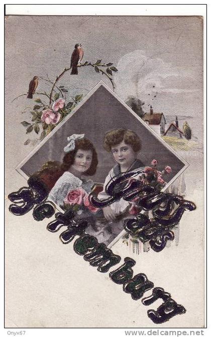 Carte Postale Fantaisie de BETTEMBOURG-Souvenir-Gruss aus..Enfant-Oiseau-Carte avec Paillettes collées-