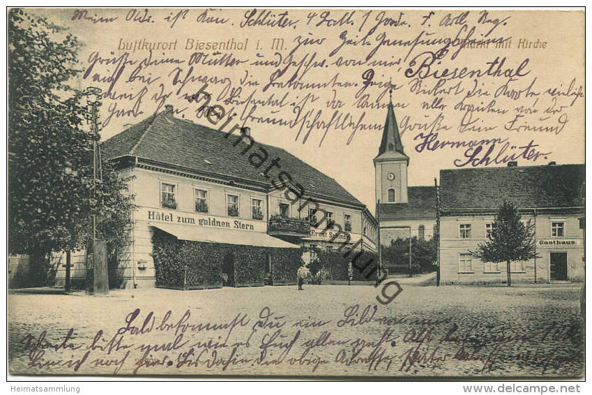 Biesenthal i. M. - Markt mit Kirche - Hotel zum goldenen Stern - Verlag A. Walter Biesenthal gel. 1912