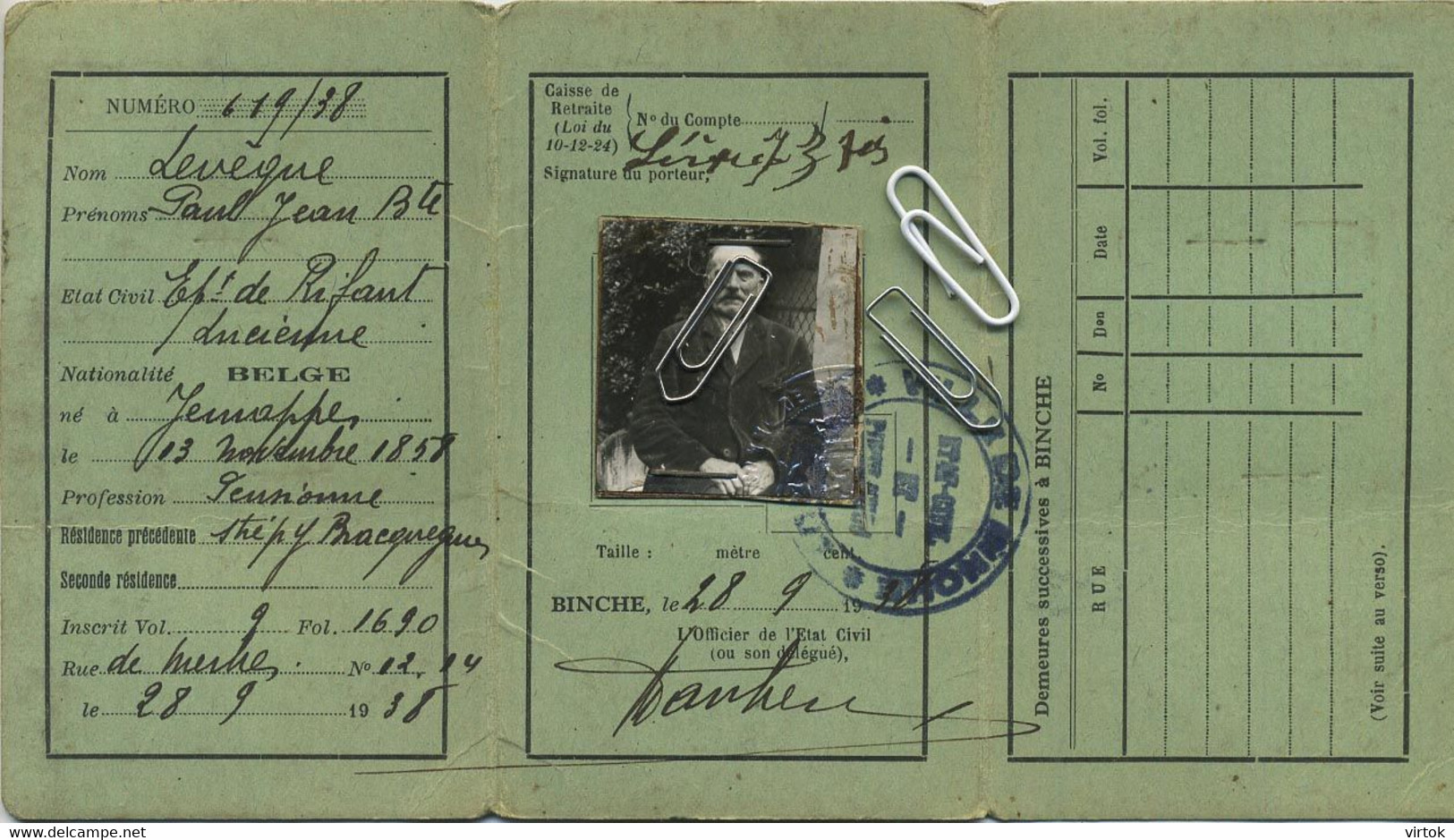 BINCHE :   carte d'identité : 2 scans