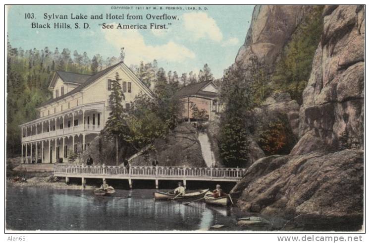 Black Hills SD South Dakota, Sylvan Lake &amp; Hotel, Resort Boats on Lake, c1910s Vintage Postcard