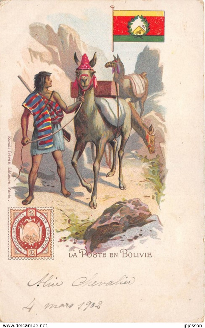 BOLIVIE - LA POSTE EN BOLIVIE - CARTE DESSINEE