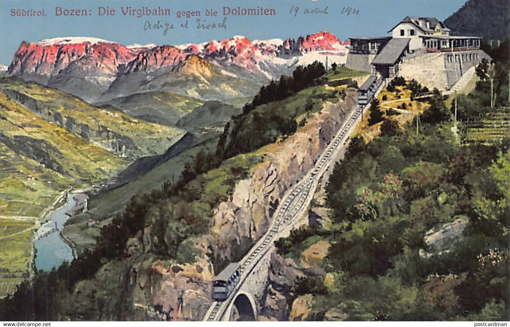 BOLZANO - Die Virglbahn gegen die Dolomiten