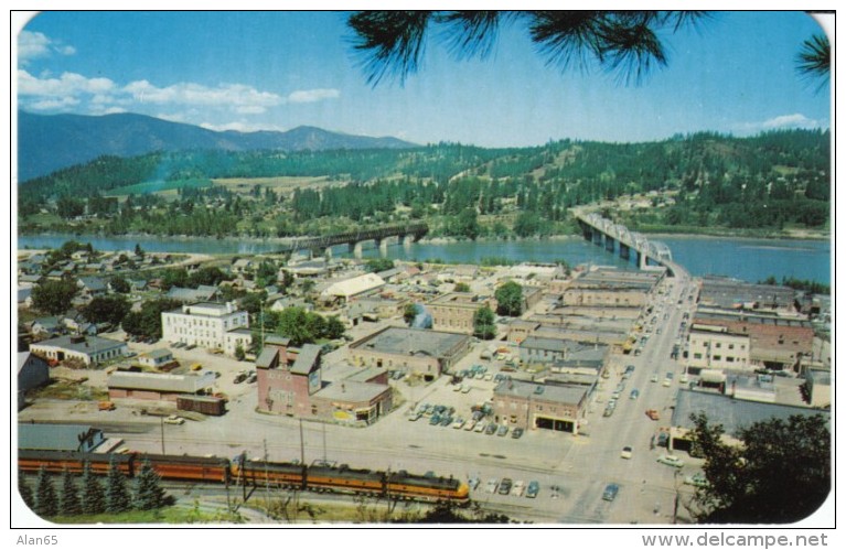 Bonners Ferry ID Idaho, View of Downtown, Train Railroad, Kootenai River, c1950s Vintage Postcard