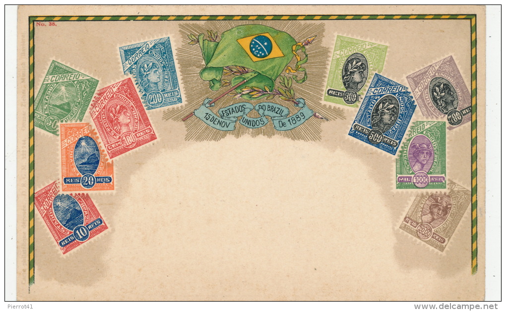 BRESIL - BRAZIL - Jolie carte fantaisie avec timbres poste ESTADOS UNIDOS DO BRAZIL - 15 DE NOV. DE 1889