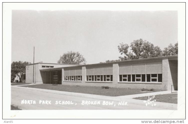 Broken Bow NE Nebraska, North Park School on c1940s/50s Vintage Real Photo Postcard