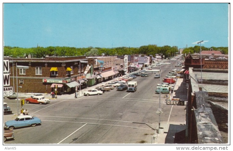 Brookings SD South Dakota, Main Street Scene, Auto, US Mail Truck, Drug Store Sign c1950s/60s Vintage Postcard