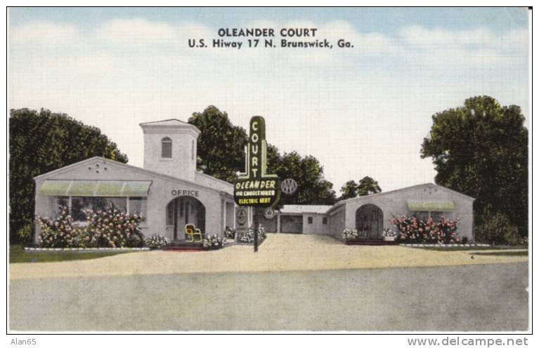 Brunswick GA Georgia, Oleander Court Motel Lodging on c1940s Vintage Linen Postcard