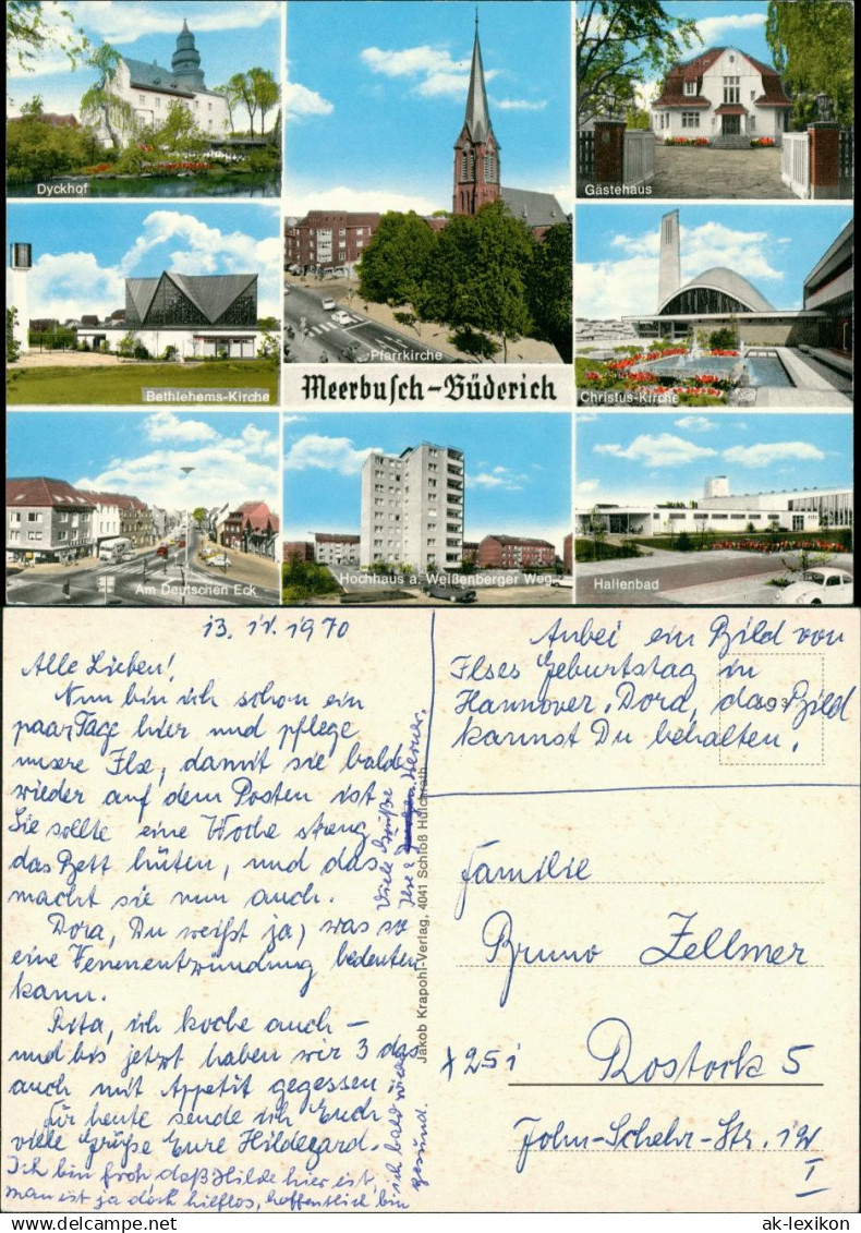 Büderich-Meerbusch Stadtteilansichten Kirche, Hochhaus, Hallenbad, Dyckhof 1970