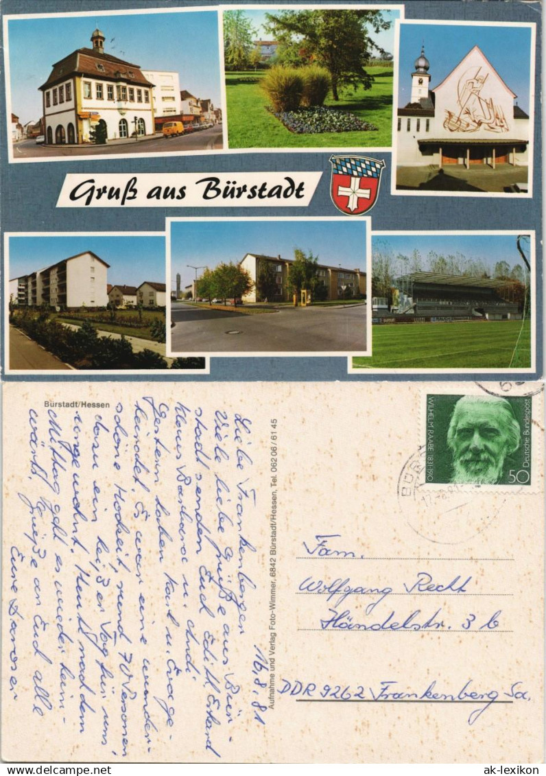 Bürstadt Mehrbild-AK Ortsansichten, Stadion, Strassen & Wohnhäuser 1981