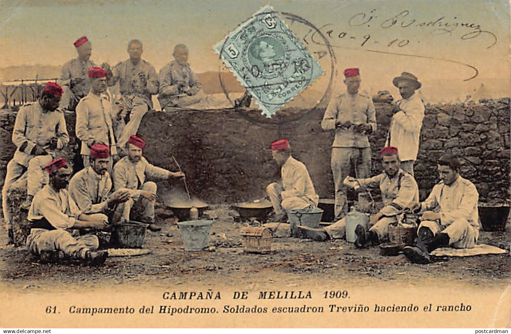 Campana de Melilla 1909 - Campamento del Hipodromo - Soldados escuadron Trevino haciendo el rancho - Ed. Boumendil 61