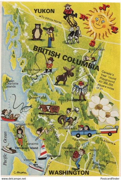 British Columbia Yukon Fishing Canada Year Round Playground Map Postcard