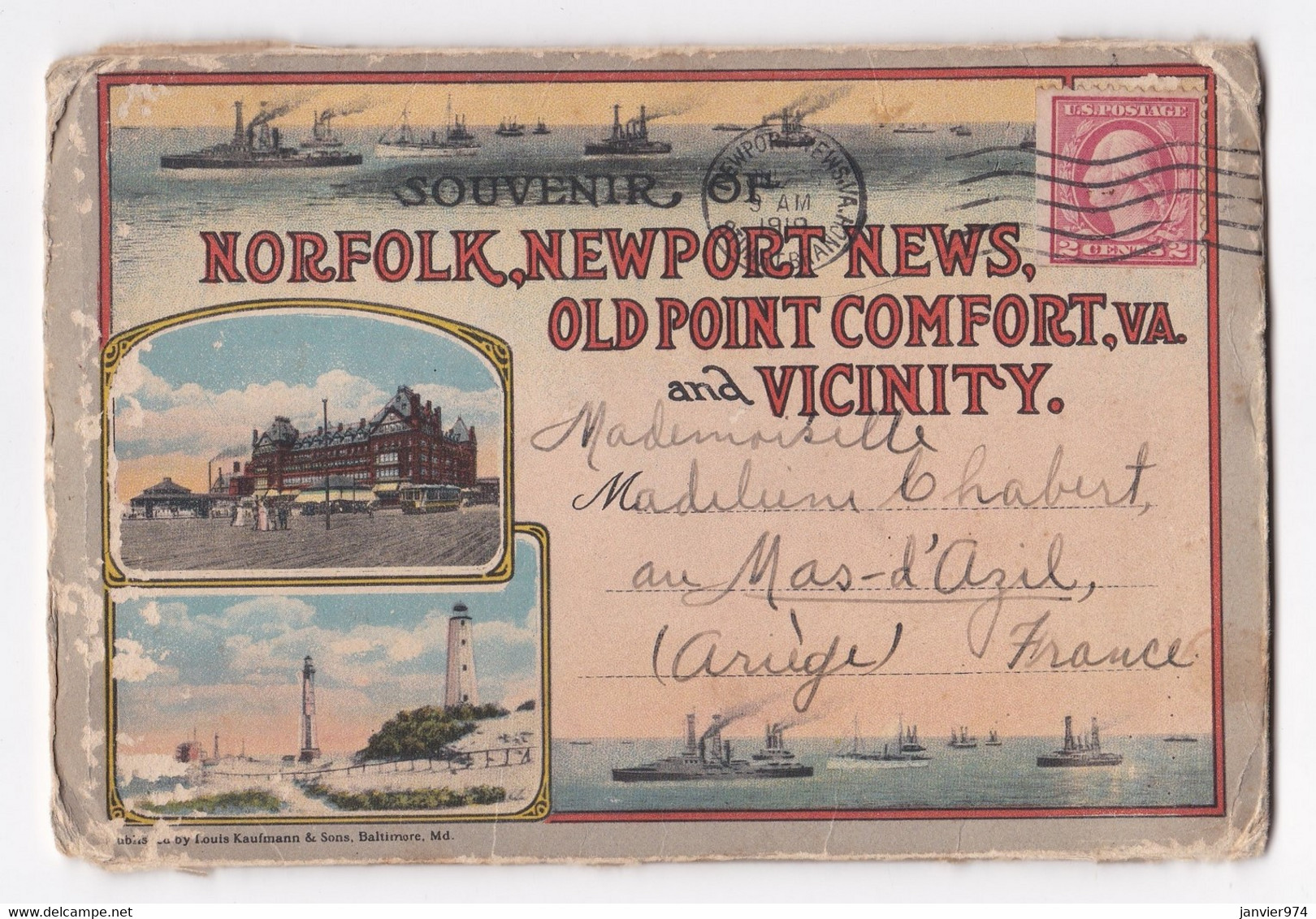 Carte de 1919 Souvenir Norfolk Newport News avec 22 photos recto verso , pour le Mas d’Azil Ariège