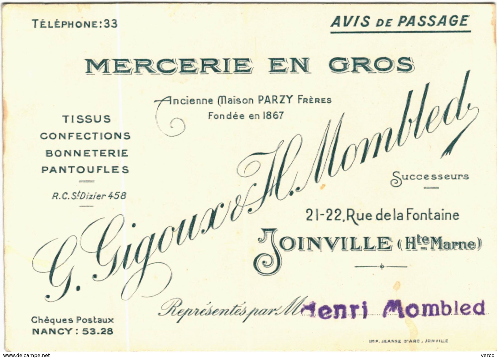 Carte Postale Ancienne de JOINVILLE-MERCERIE EN GROS