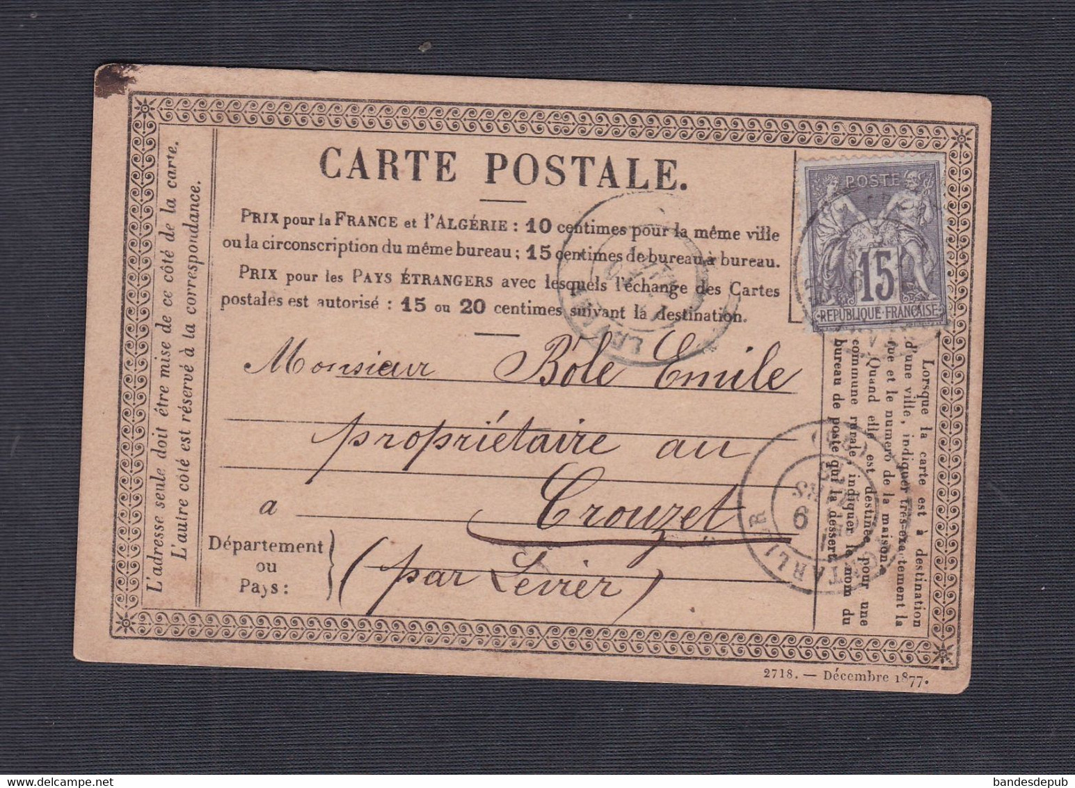 Carte postale correspondance Joseph Frasque Pontarlier à Emile Bole Le Crouzet Levier 50231