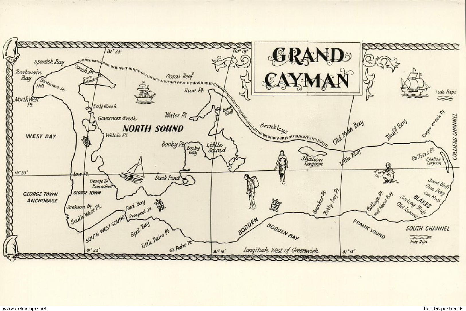 Cayman Islands B.W.I., GRAND CAYMAN, Map Postcard (1950s)