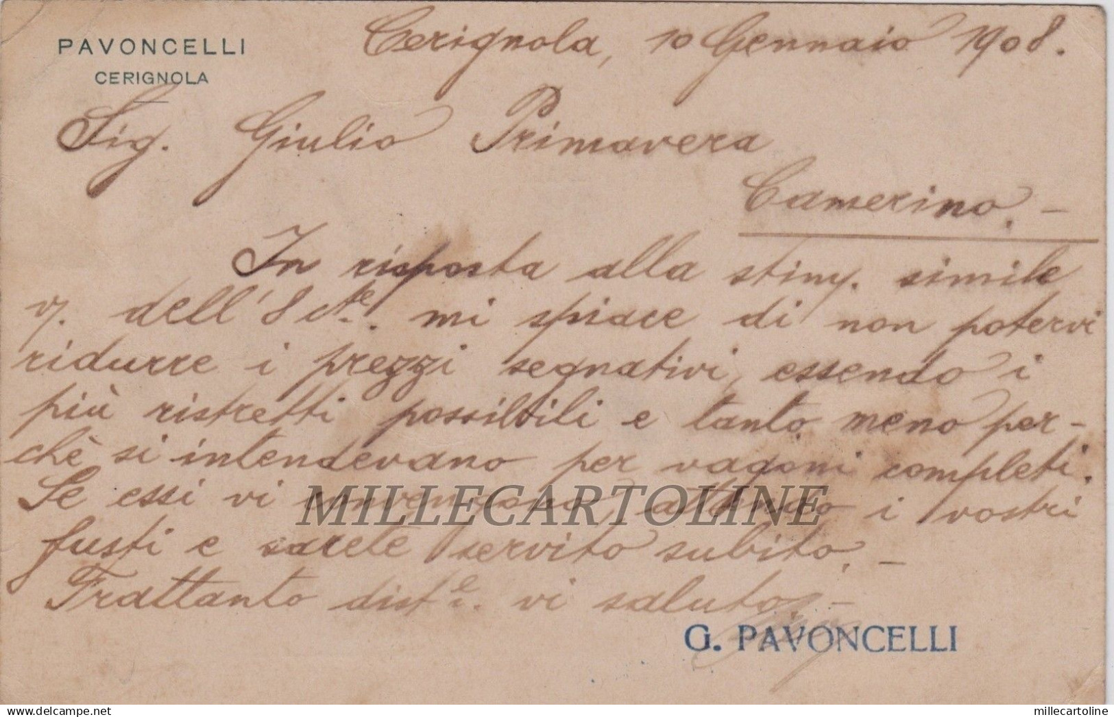 CERIGNOLA: testatina  G. Pavoncelli - produttore di Olio (risposta)  1908