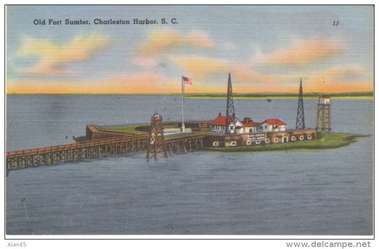 Charleston SC South Carolina, Old Fort Sumter in Harbor, c1930s/40s Vintage Linen Postcard