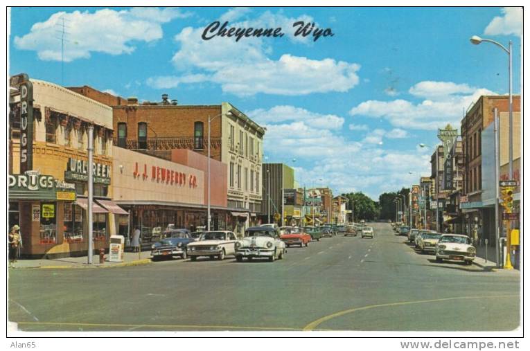 Cheyenne WY Wyoming, Street Scene, Drug Store, Stores, Autos, c1950s/60s Vintage Postcard