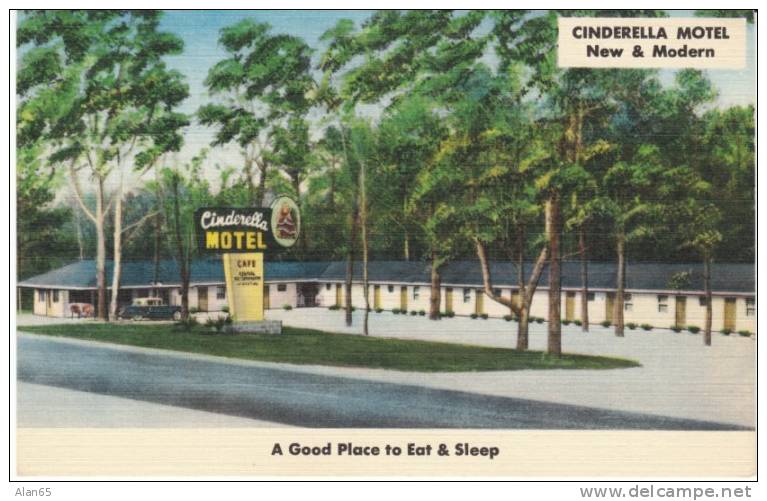 Cinderella Motel &amp; Cafe, between Montgomery Tuscaloosa AL Alabama, Lodging, c1930s Vintage Linen Postcard