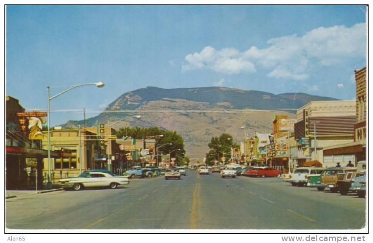 Cody WY Wyoming, Street Scene, Autos, Drugs Sign, Bar Cafe Buffalo Bill Cody Sign, c1950s/60s Vintage Postcard