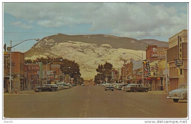 Cody WY Wyoming, Street Scene, Autos, Drugs Sign, Bar Cafe, c1950s/60s Vintage Postcard