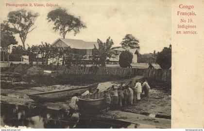 french congo, Natives at Work with Boat (1900s) Postcard