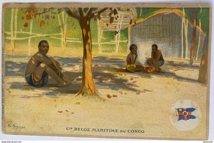 !!! CONGO BELGE, CPA  ILLUSTRÉE DE LA COMPAGNIE MARITIME BELGE DU CONGO: VILLAGEOIS, TIMBRE ARRACHÉ