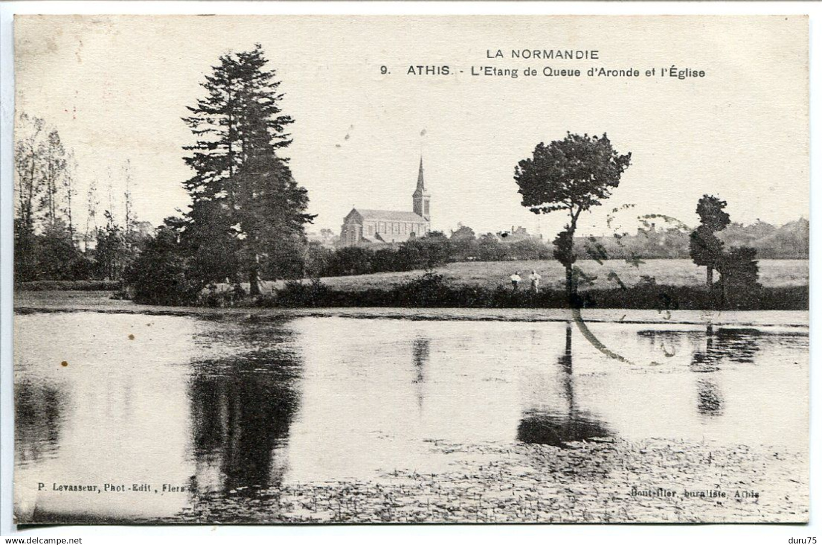 CP Voyagé 1938 * ATHIS de l'ORNE L'Étang de Queue d'Aronde et l'Eglise * P. Levasseur Editeur Bouteiller Buraliste