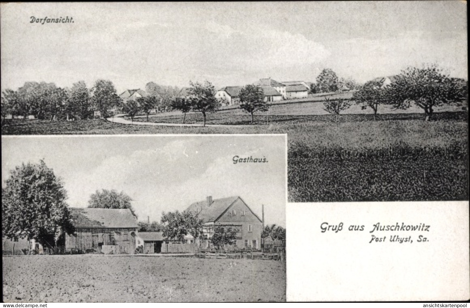 CPA Auschkowitz Burkau Sachsen, Dorfansicht, Blick auf ein Gasthaus, Felder