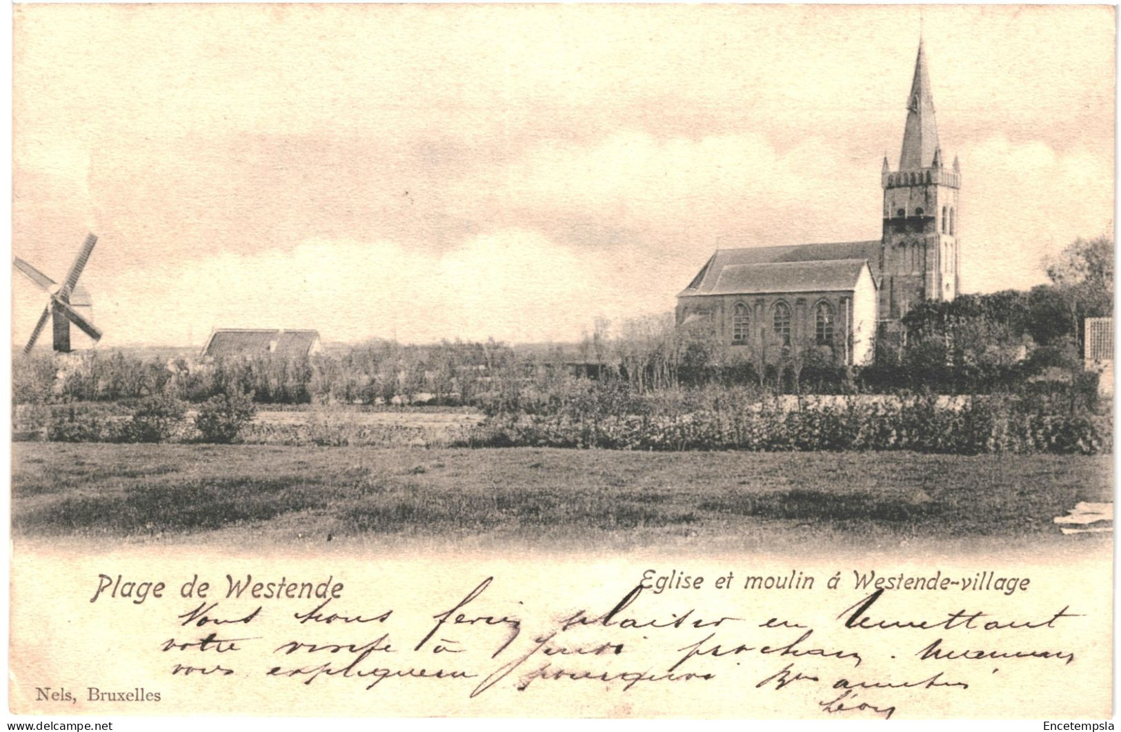 CPA Carte postale Belgique  Westende Eglise et Moulin à Westende village 1905 VM64956