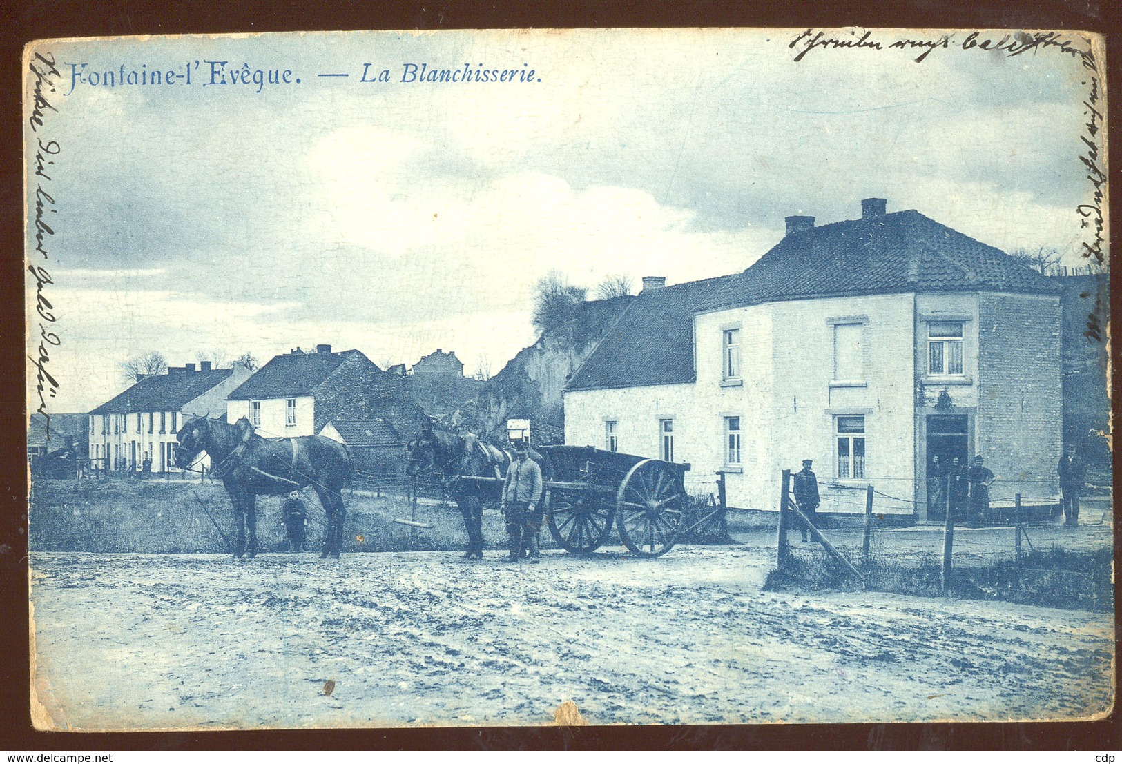 cpa fontaine l'évêque 1918   attelage   blanchisserie