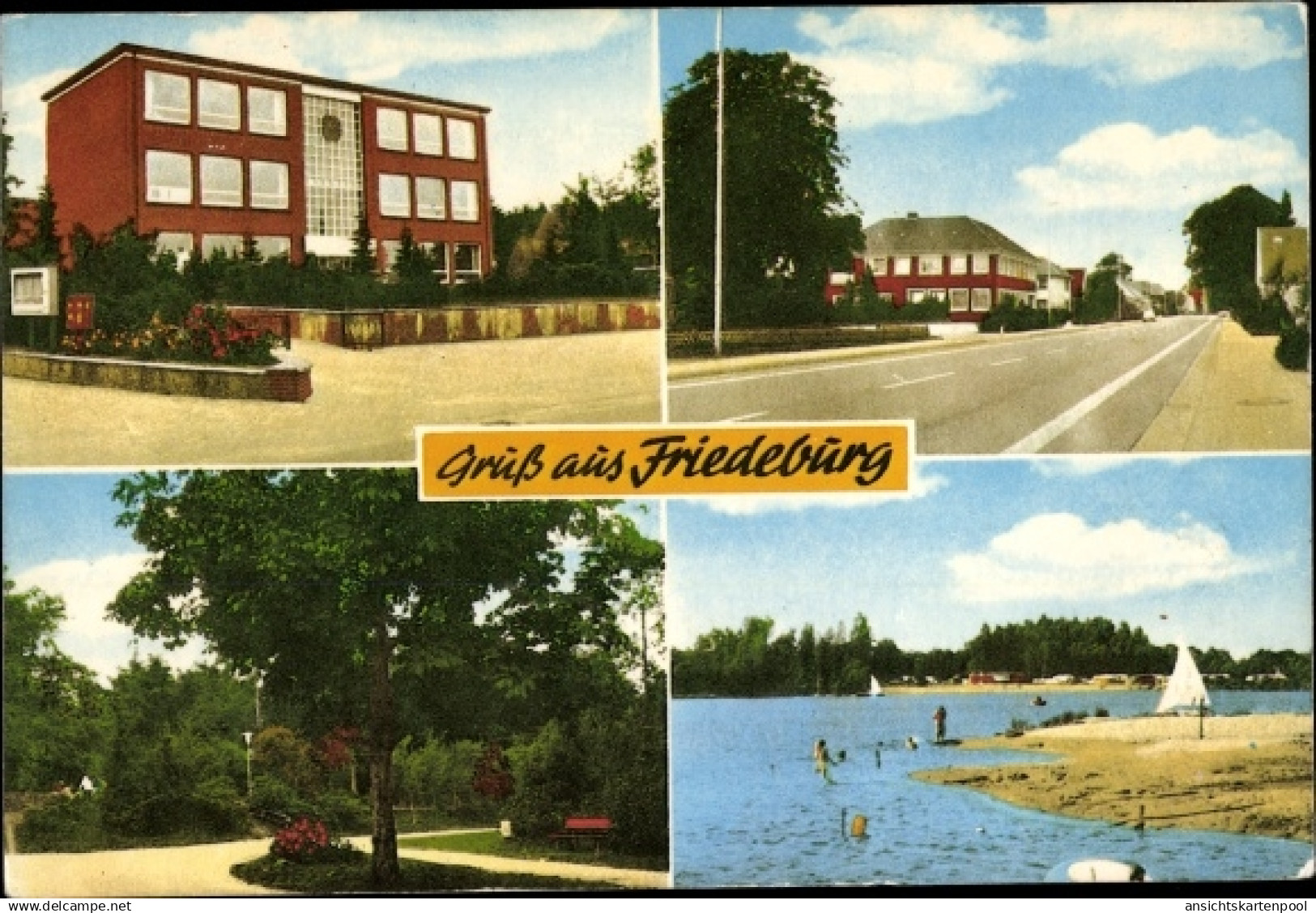 CPA Friedeburg Niedersachsen, Schule, Strandbad, Parkanlage, Straßenpartie