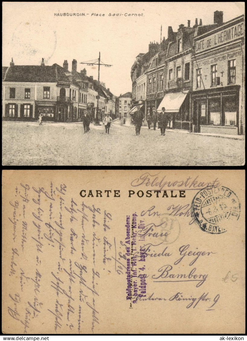 CPA  Haubourdin Place Sadi-Carnot., Cafe 1917  gel. div. Feldpoststempel